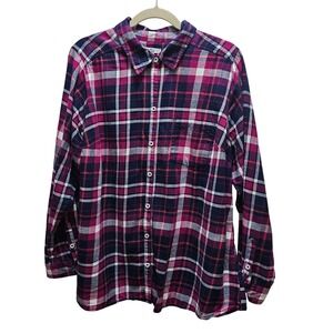 Croft & Barrow Womens Magenta Pink Navy Blue Plaid Flannel Button Down Shirt 1X